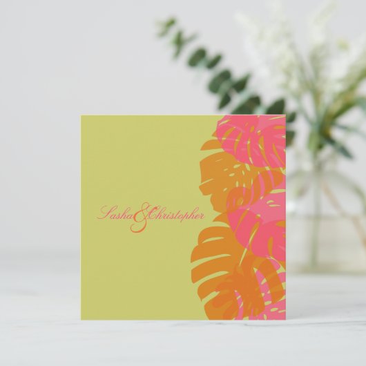 PixDezines Monstera、熱帯の葉 招待状 (スタンド正面)