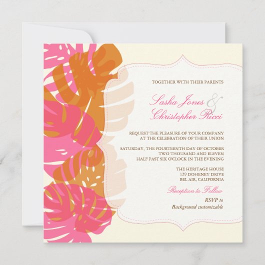 PixDezines Monstera、熱帯の葉 招待状 (裏面)