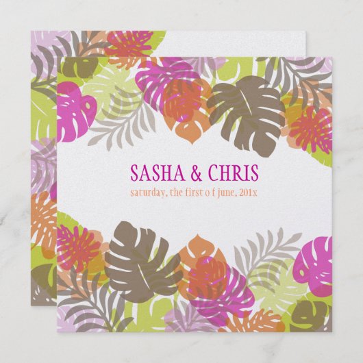 PixDezines Monstera、熱帯の葉/日の色 招待状 (正面/裏面)