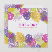 PixDezines Monstera、熱帯の葉/日の色 招待状 (正面/裏面)