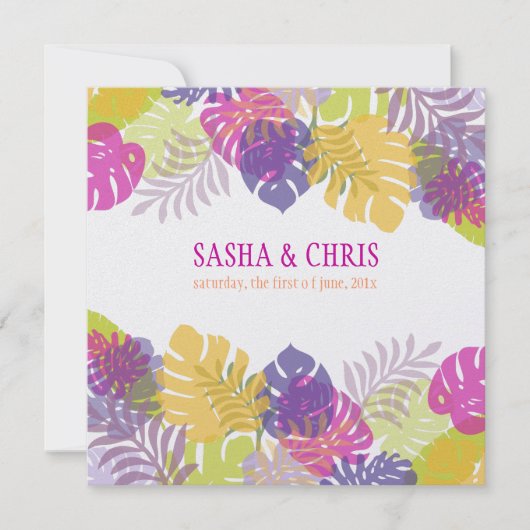 PixDezines Monstera、熱帯の葉/日の色 招待状 (正面)