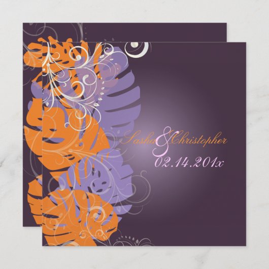 PixDezines Monstera、熱帯の葉+渦巻き 招待状 (正面/裏面)