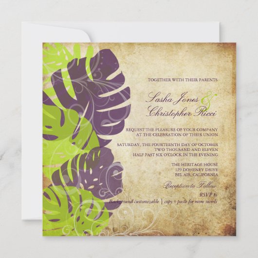 PixDezines Monstera、熱帯の葉+渦巻き 招待状 (裏面)