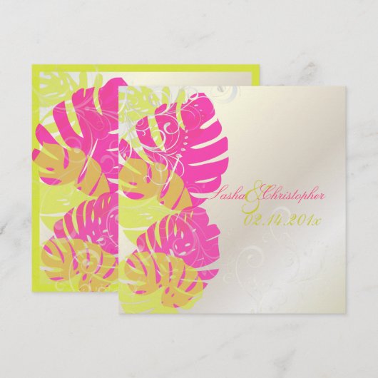 PixDezines Monstera、熱帯の葉+渦巻き 招待状 (正面/裏面)