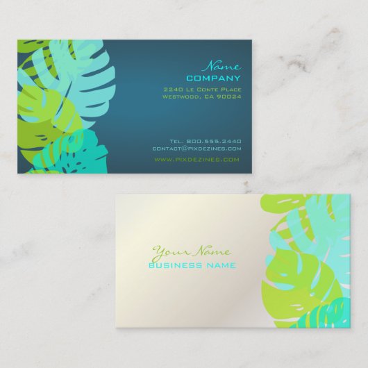 PixDezines Monstera、熱帯紅葉/ライム+アクア 名刺 (正面/裏面)