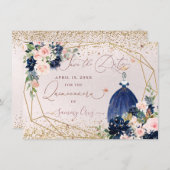 PixDezines Navy Blue Save the Dateキンセアニェラ 招待状 (正面/裏面)