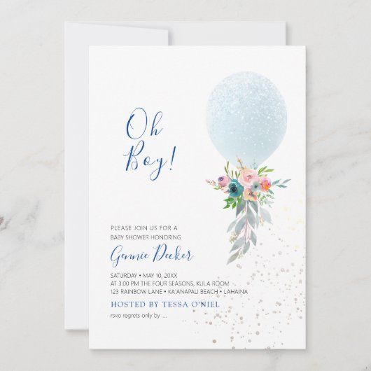 PixDezines Oh Boy Balloon Baby Shower 招待状 (正面)