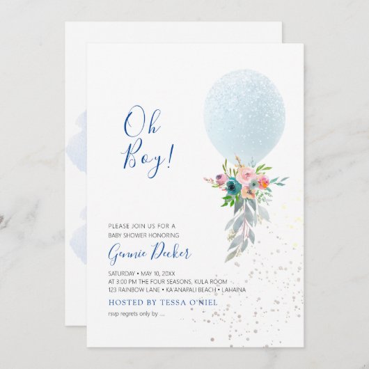 PixDezines Oh Boy Balloon Baby Shower 招待状 (正面/裏面)