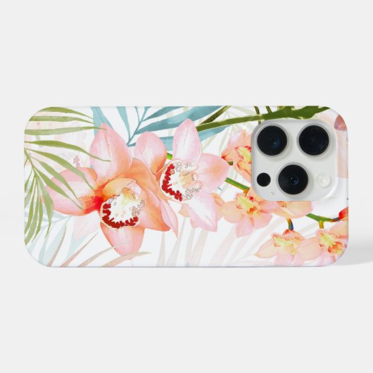 PixDezines Orchid Isle, Peachy Orchids Blue Palms iPhoneケース (裏面横)