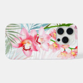 PixDezines Orchid Isle, Pink Orchids Blue Palms iPhoneケース (裏面横)