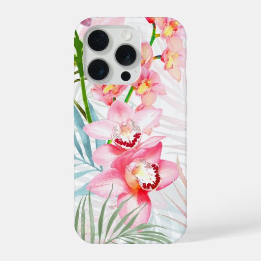 PixDezines Orchid Isle, Pink Orchids Blue Palms iPhoneケース (裏面)