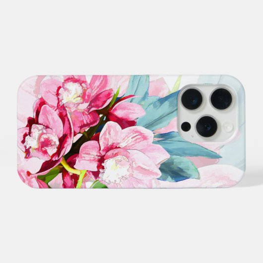 PixDezines Orchid Isle, Pink Orchids Blue Ti iPhoneケース (裏面横)