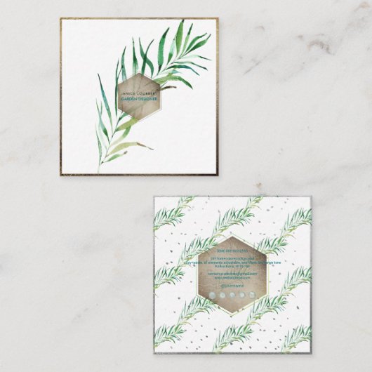 PixDezines PALM FRONDES、緑 スクエア名刺 (正面/裏面)