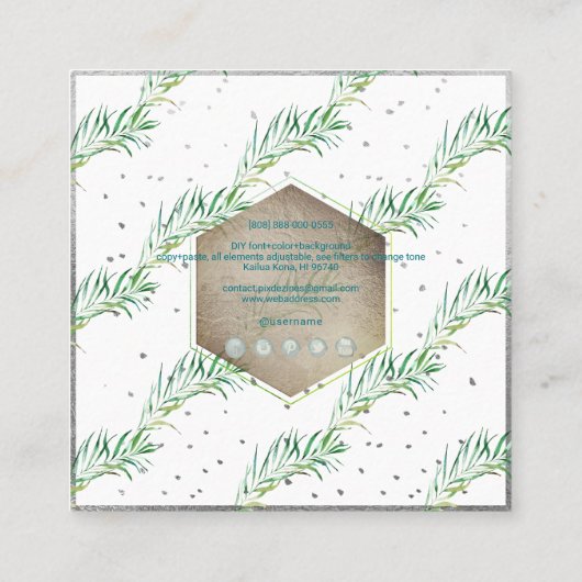 PixDezines PALM FRONDES、緑 スクエア名刺 (裏面)