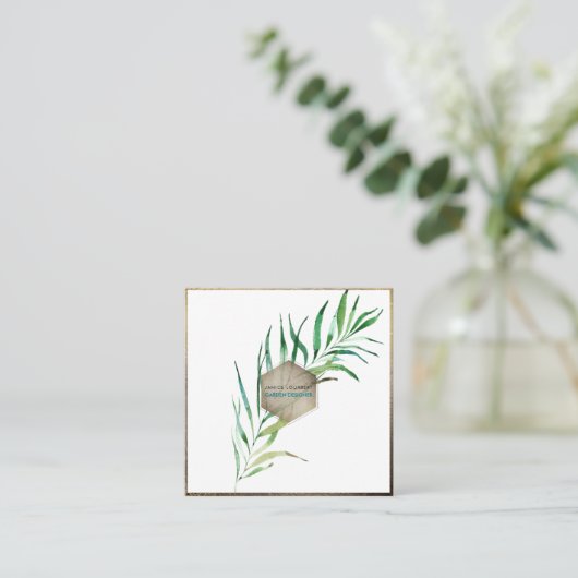 PixDezines PALM FRONDES、緑 スクエア名刺 (スタンド正面)