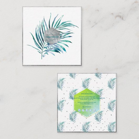 PixDezines PALM FRONDS、ティール（緑がかった色）ブルー スクエア名刺 (正面/裏面)