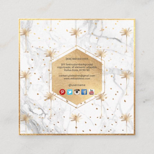 PixDezines PALM TREE, フェイク金ゴールド+大理石 スクエア名刺 (裏面)
