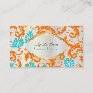 PixDezines pavo damask/coral+aqua 名刺