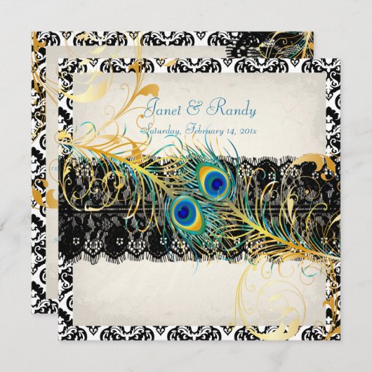 PixDezines peacock pizzazz, damask+black lace 招待状 (正面/裏面)
