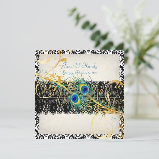 PixDezines peacock pizzazz, damask+black lace 招待状 (スタンド正面)
