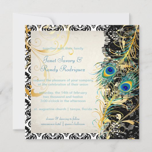 PixDezines peacock pizzazz, damask+black lace 招待状 (裏面)