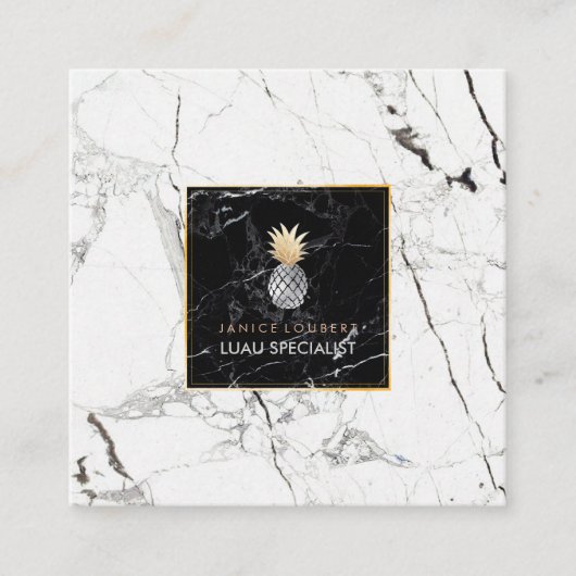 PixDezines Pineapple/黒+白大理石 スクエア名刺 (正面)