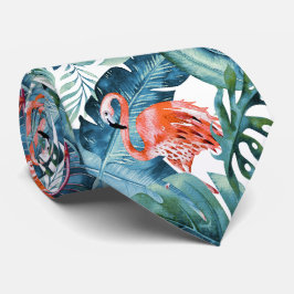 PixDezines Pink Flamingo+Tropical Foliage ネクタイ