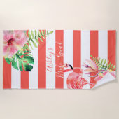 PixDezines PINK FLAMINGOS、熱帯テーマ ビーチタオル (正面)