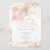 PixDezines Pink H2《キリスト教》洗礼式や命名式+第1誕生日インビタ 招待状 (正面/裏面)