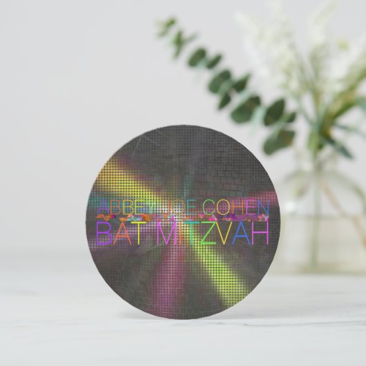 PixDezines psychedelic stars/neon/bat mitzvah 招待状 (スタンド正面)