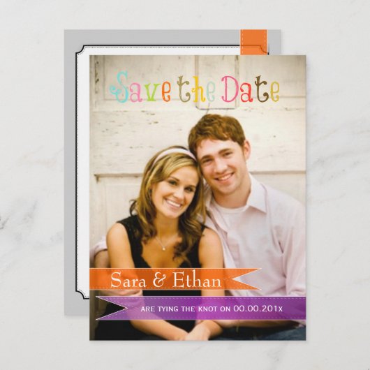 PixDezines purple+orange日付を保存 案内ポストカード (正面/裏面)