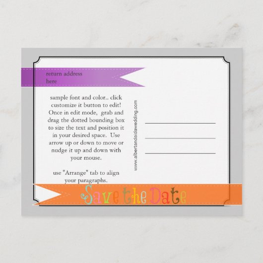 PixDezines purple+orange日付を保存 案内ポストカード (裏面)