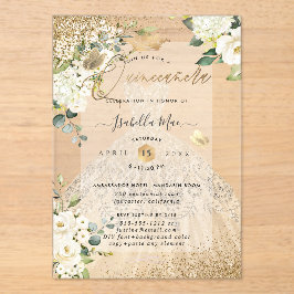 PixDezines Quinceanera Champagne Gold Glitter Gown アクリル招待状