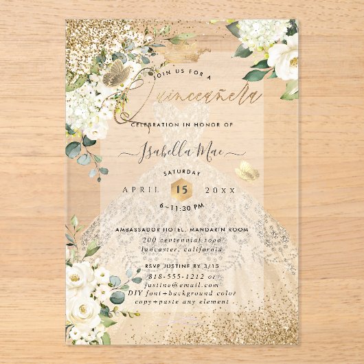 PixDezines Quinceanera Champagne Gold Glitter Gown アクリル招待状 (正面)