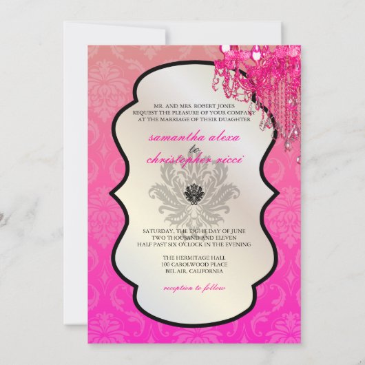 PixDezines Raspberry Chandelier+Vendome Damask/5x7 招待状 (裏面)