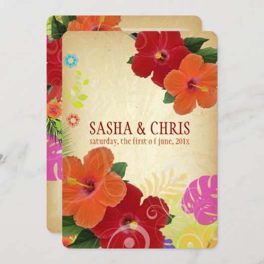PixDezines red+orange hibiscus+monstera 招待状 (正面/裏面)