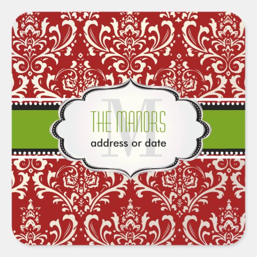 PixDezines Red+White Rossi Damask/クリスマス スクエアシール (正面)