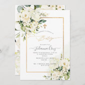 PixDezines Rosas Crema y Hortensias Bautizo 招待状 (正面/裏面)