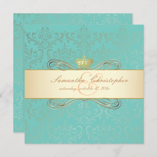 PixDezines Rossi Damask/DIY背景色、アクア 招待状 (正面/裏面)