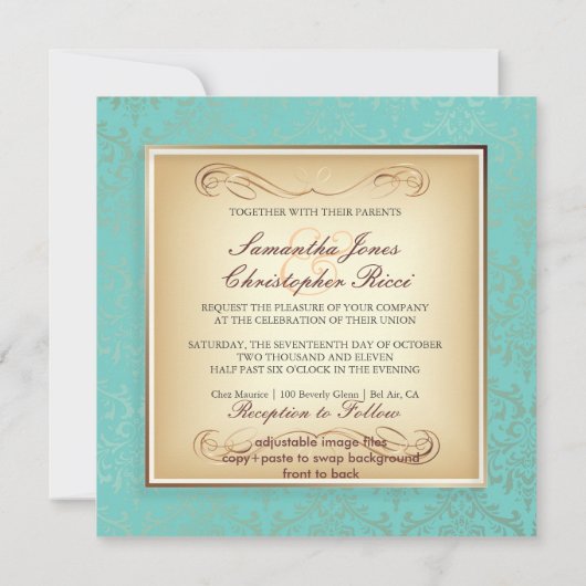 PixDezines Rossi Damask/DIY背景色、アクア 招待状 (裏面)