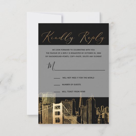 PixDezines RSVPサンフランシスコSkyline/フェイク金ゴールド 出欠カード (裏面)