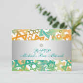 PixDezines rsvpスターモダン/バー（ユダヤ教の）バル・ミツバー/オレンジ+ティール（緑 出欠カード (スタンド正面)