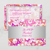 PixDezines rsvpスターモダン/バー(ユダヤ教の)バル・ミツバー/ピンク/シルバー 出欠カード (正面/裏面)