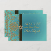 PixDezines rsvpバルミツワー+金ゴールドフェイクダマスク 出欠カード (正面/裏面)