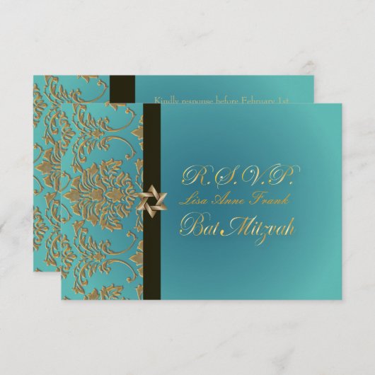 PixDezines rsvpバルミツワー+金ゴールドフェイクダマスク 出欠カード (正面/裏面)