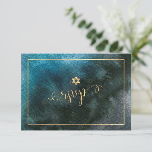 PixDezines RSVPバー(ユダヤ教の)バル・ミツバー、ティール(緑がかった色)水彩✡ 出欠カード (スタンド正面)