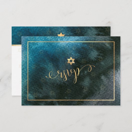 PixDezines RSVPバー(ユダヤ教の)バル・ミツバー、ティール(緑がかった色)水彩✡ 出欠カード (正面/裏面)