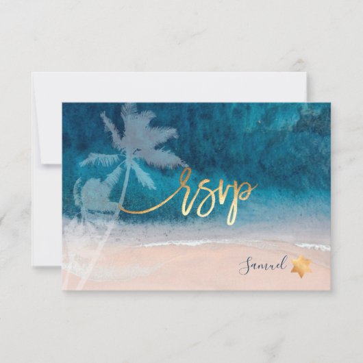 PixDezines RSVPビーチパームツリーズバー(ユダヤ教の)バル・ミツバー 出欠カード (正面)