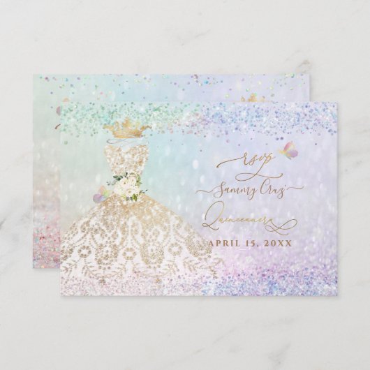 PixDezines RSVPホワイト金ゴールドクリンスドレス 招待状 (正面/裏面)