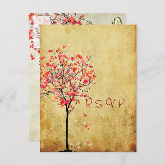 PixDezines rsvpヴィンテージメープルツリー/オレンジ+ピンク インビテーションポストカード (正面/裏面)